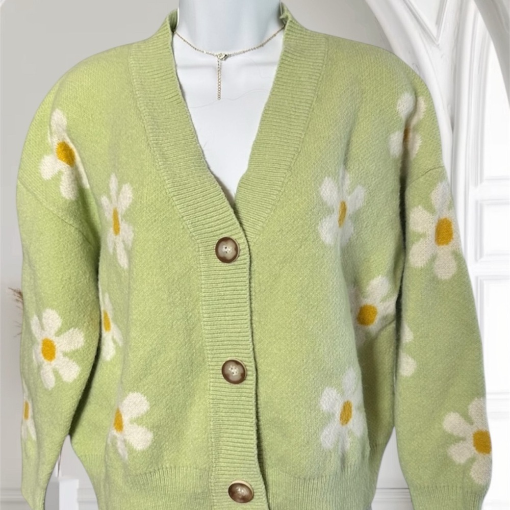 Princess Polly Green Daisy Floral Knit Cardigan Soft Wool Blend Cottagecore Y2K